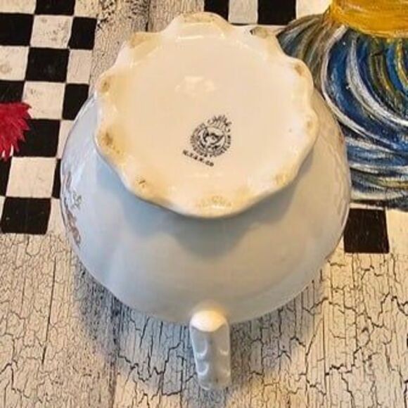 Antique K.T.&K. Co. Semi-Vitreous Porcelain Pitcher Floral Pattern Gold Trim - Picture 6 of 7